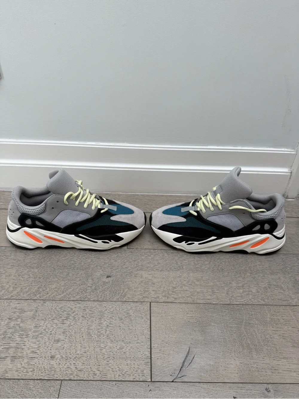 Adidas Yeezy Men’s Grey, Teal & Black Sneakers with Neon Orange Accents